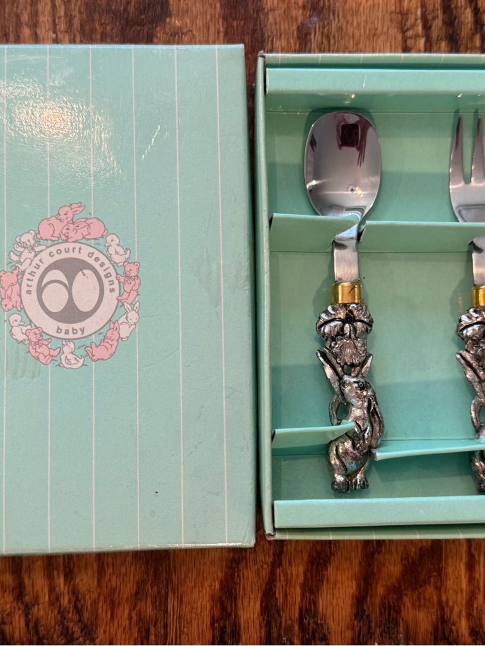 Arthur Court Silver-Tone Bunny Baby Spoon & Fork Set with Gold Accent